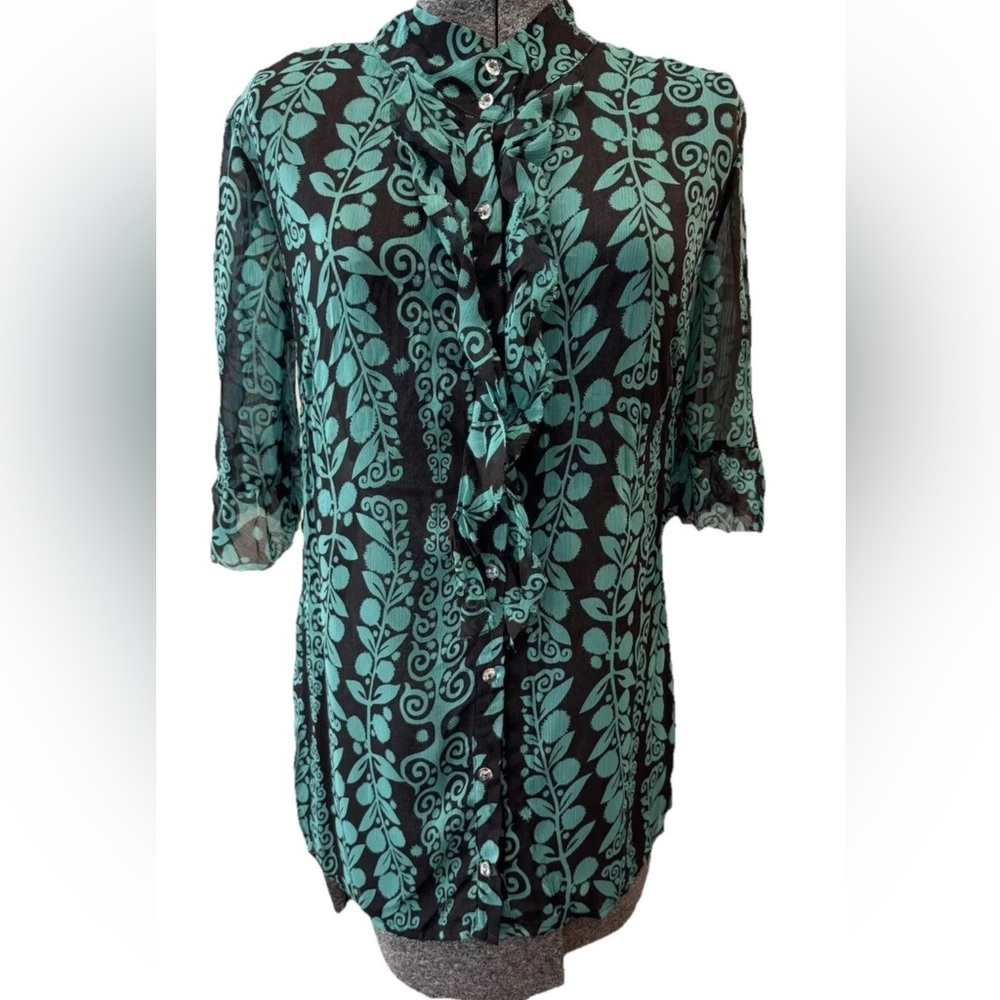 Lipsy ladies sheer button up ruffle front‎ blouse size medium black green floral